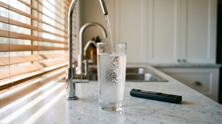 Crystal-clear filtered water pouring from chrome RO tap into glass on Carrara marble bench -- best countertop water filter Australia