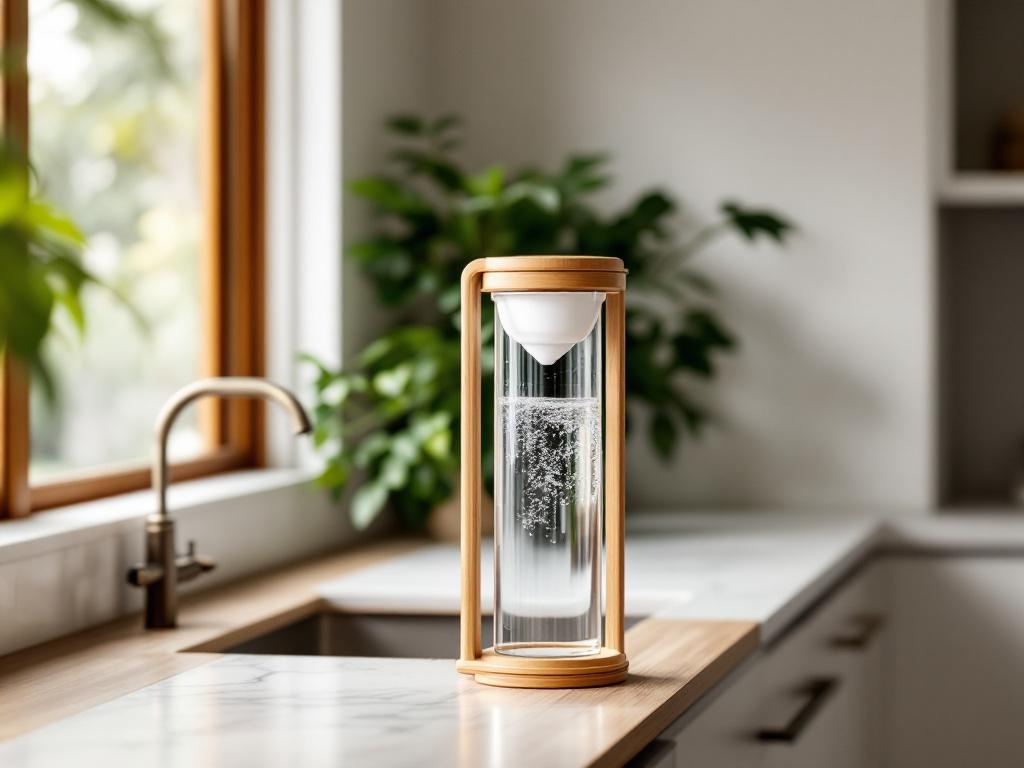 Earths Water 9L glass benchtop alkaline water filter with bamboo frame on Australian kitchen bench