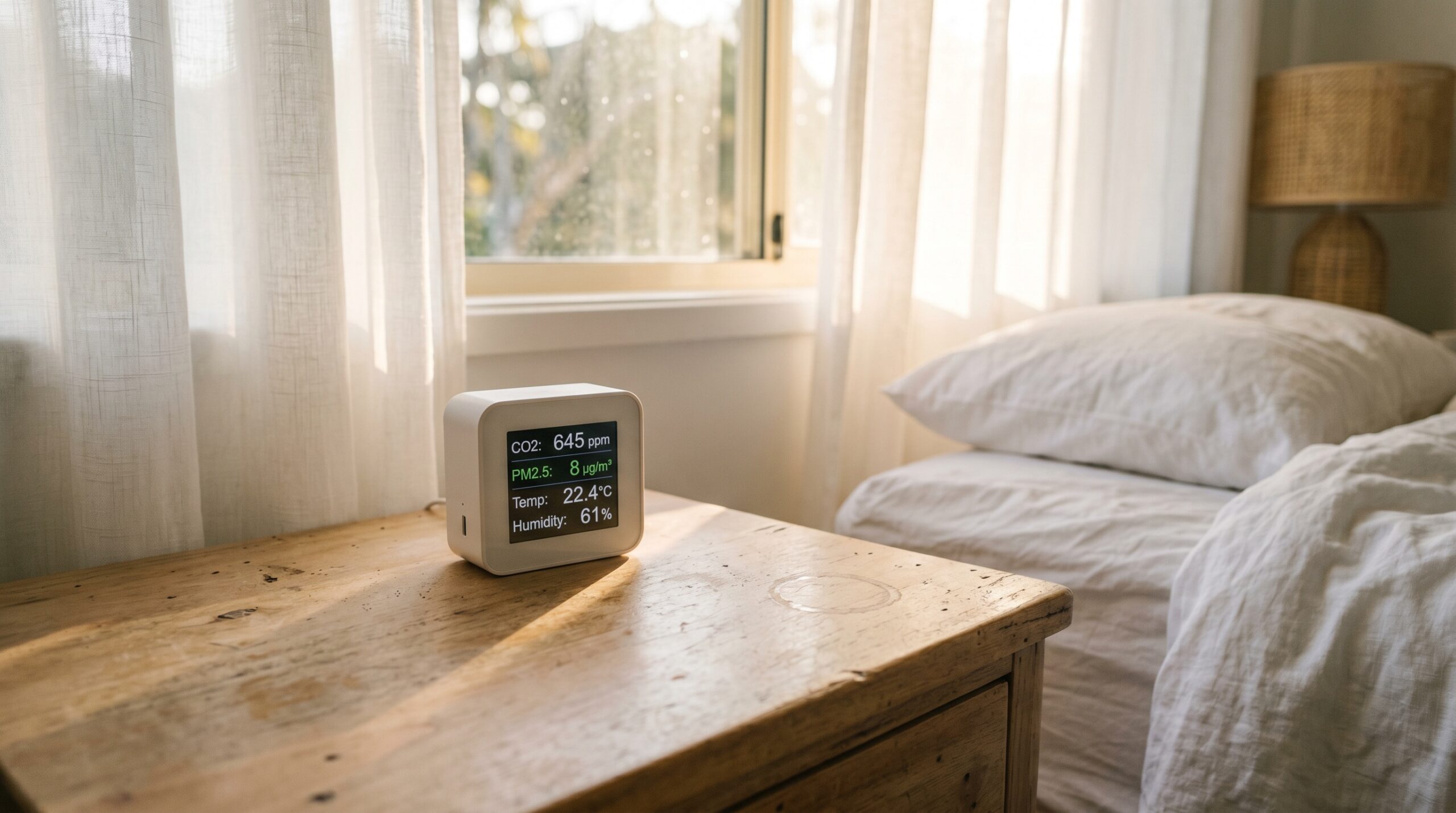 Inkbird IAQM-129-W air quality monitor displaying readings on timber bedside table in sunlit Australian bedroom