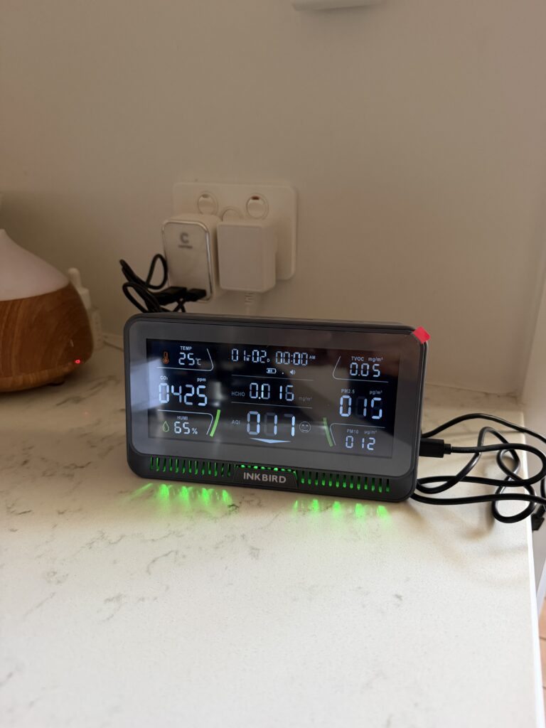 Inkbird air monitor showing live CO2 PM2.5 TVOC readings — Palm Beach QLD