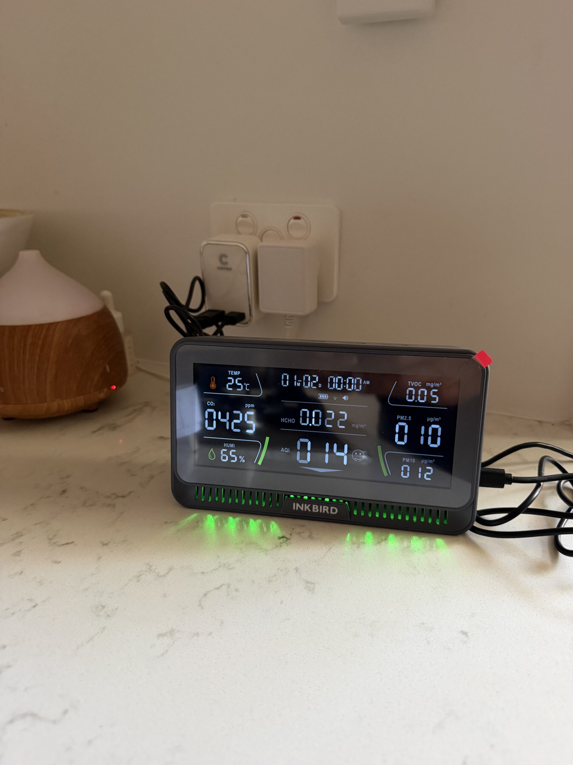 Inkbird IAQM-129-W showing live CO2, PM2.5, TVOC readings