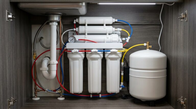 Under-sink reverse osmosis water filter system installed in kitchen cabinet, showing filter housings, pressure gauge, storage tank and coloured tubing — reverse osmosis system Australia