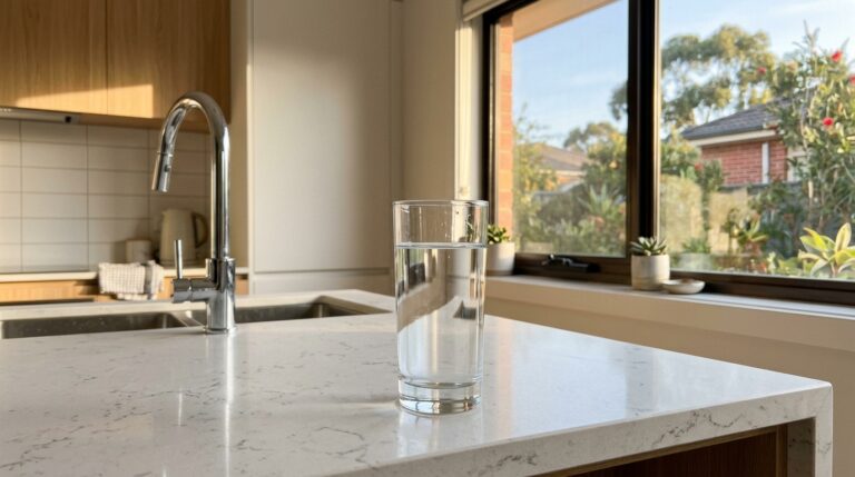 Glass of Adelaide tap water on kitchen benchtop with morning light