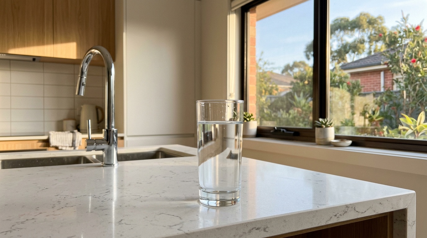 Glass of Adelaide tap water on kitchen benchtop with morning light