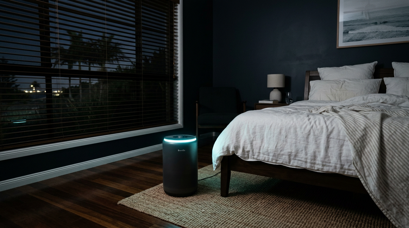 HEPA air purifier running overnight in Australian bedroom -- sleep improvement evidence reviewed
