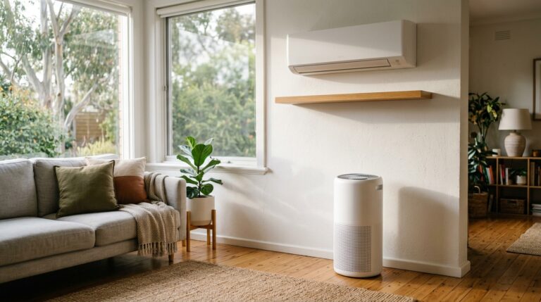 Split system air conditioner and HEPA air purifier in Australian living room