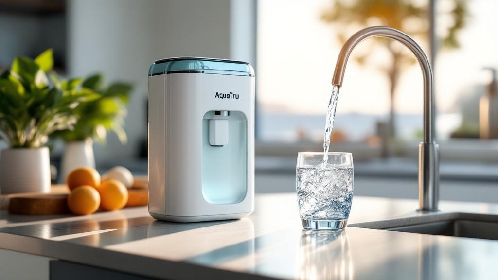 AquaTru countertop reverse osmosis purifier on kitchen bench in coastal QLD home, morning light