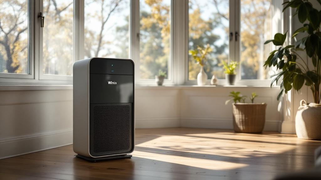 Air purifier running in an Australian home during bushfire smoke conditions