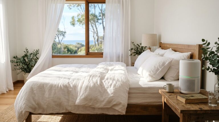 HEPA air purifier in Australian bedroom for mould spore removal