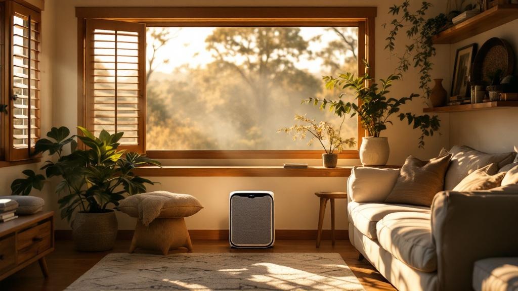 Air purifier running in Australian home during wildfire smoke event — PM2.5 filtration guide
