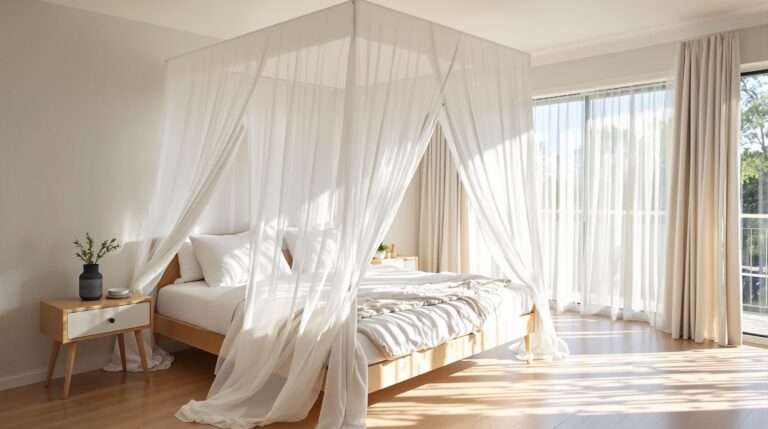 White EMF shielding bed canopy in a sunlit coastal Queensland bedroom