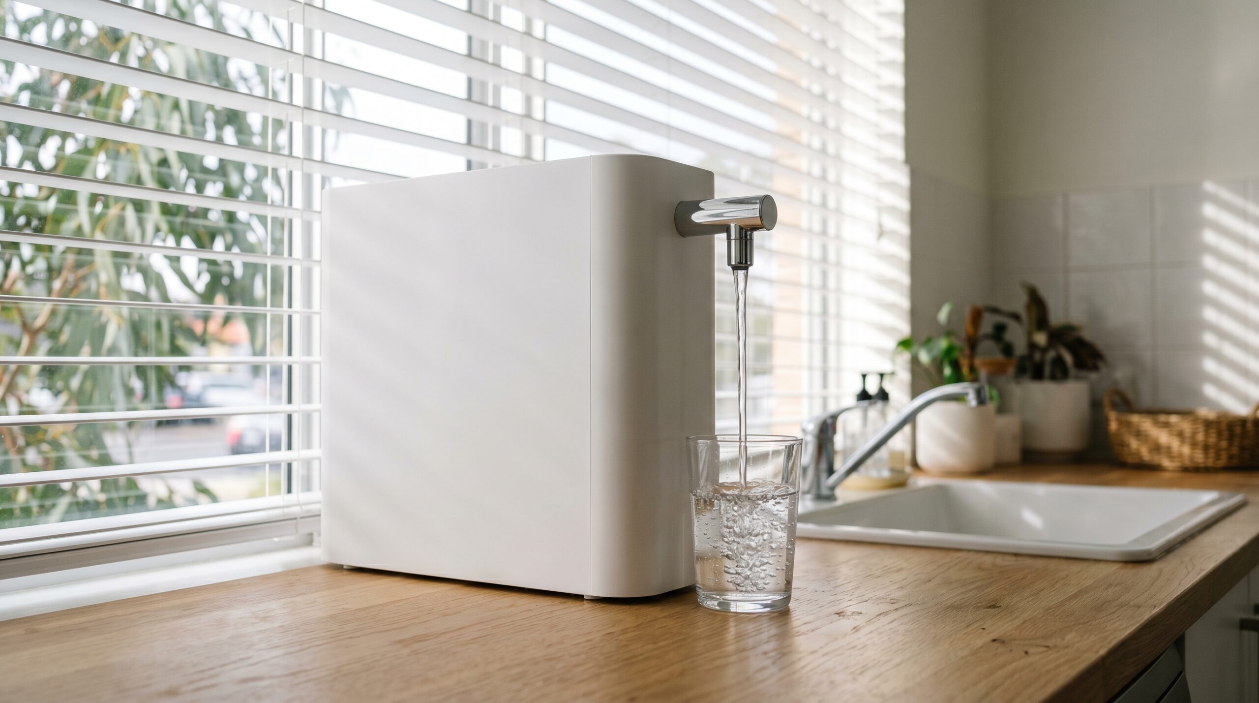 Compact white countertop reverse osmosis filter on timber bench in Australian apartment, water filling a glass, natural light