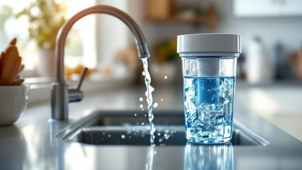 Under-sink water filter with crystal-clear water in coastal Queensland kitchen, morning light