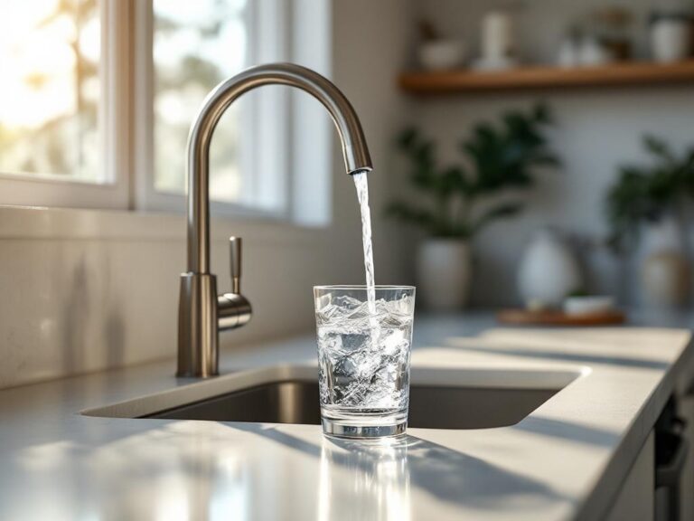 Crystal-clear filtered water flowing from tap in Australian kitchen