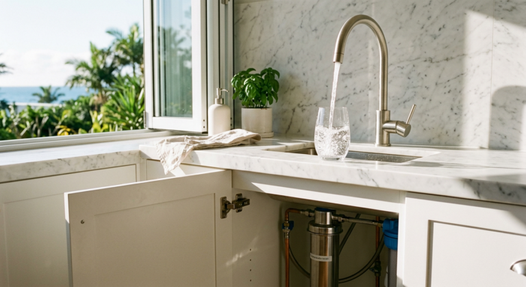 Best water filter for chloramine Australia — catalytic carbon block filter on Queensland kitchen bench