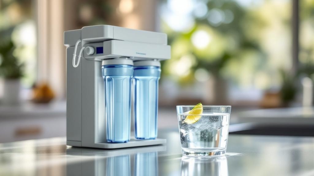 Reverse osmosis water filter removing PFAS on kitchen bench, crystal-clear water, coastal QLD morning light