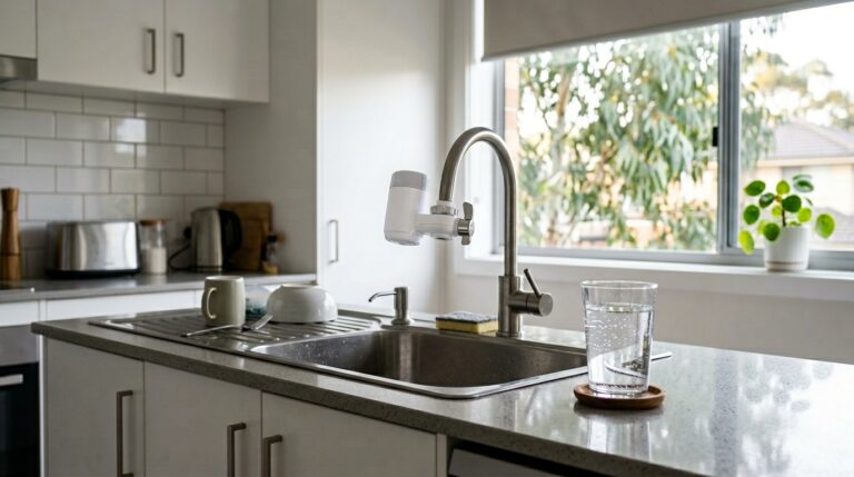 Clip-on water filter attached to rental kitchen tap in Australian apartment