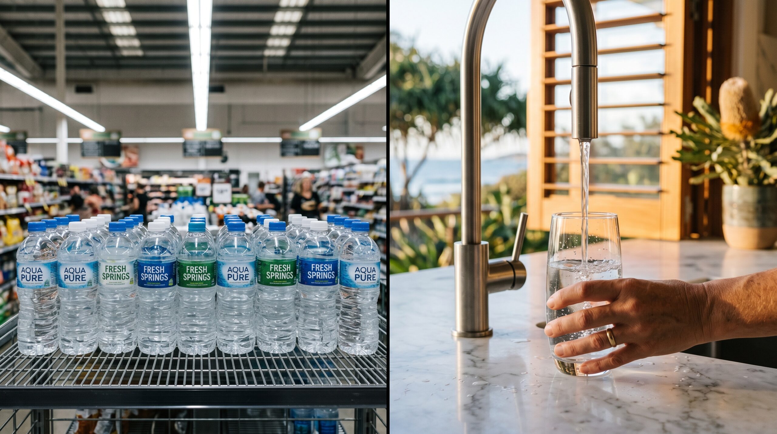 Editorial comparison of bottled water vs fresh filtered tap water in a Queensland kitchen