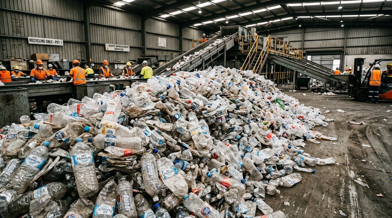 Pile of crushed plastic water bottles at Australian waste sorting facility