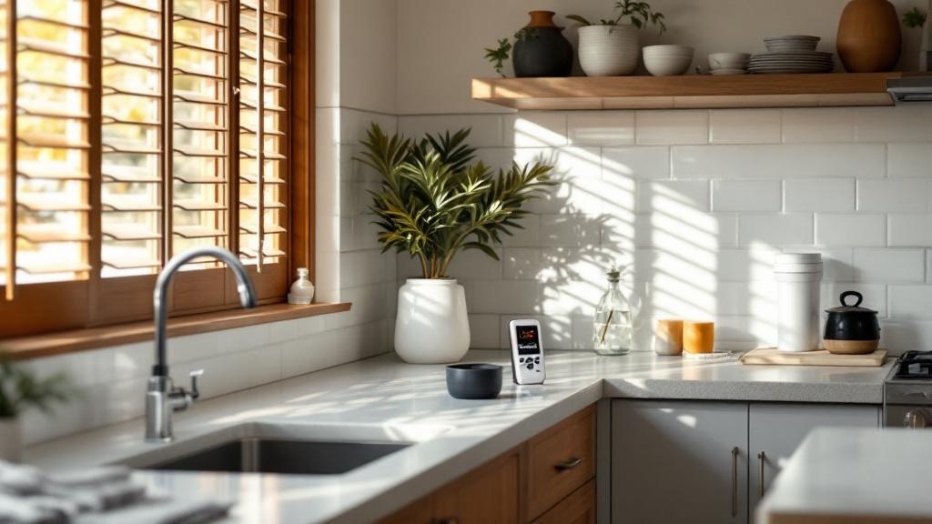 Brisbane home kitchen with water filter and EMF meter — clean water and low-EMF environment guide