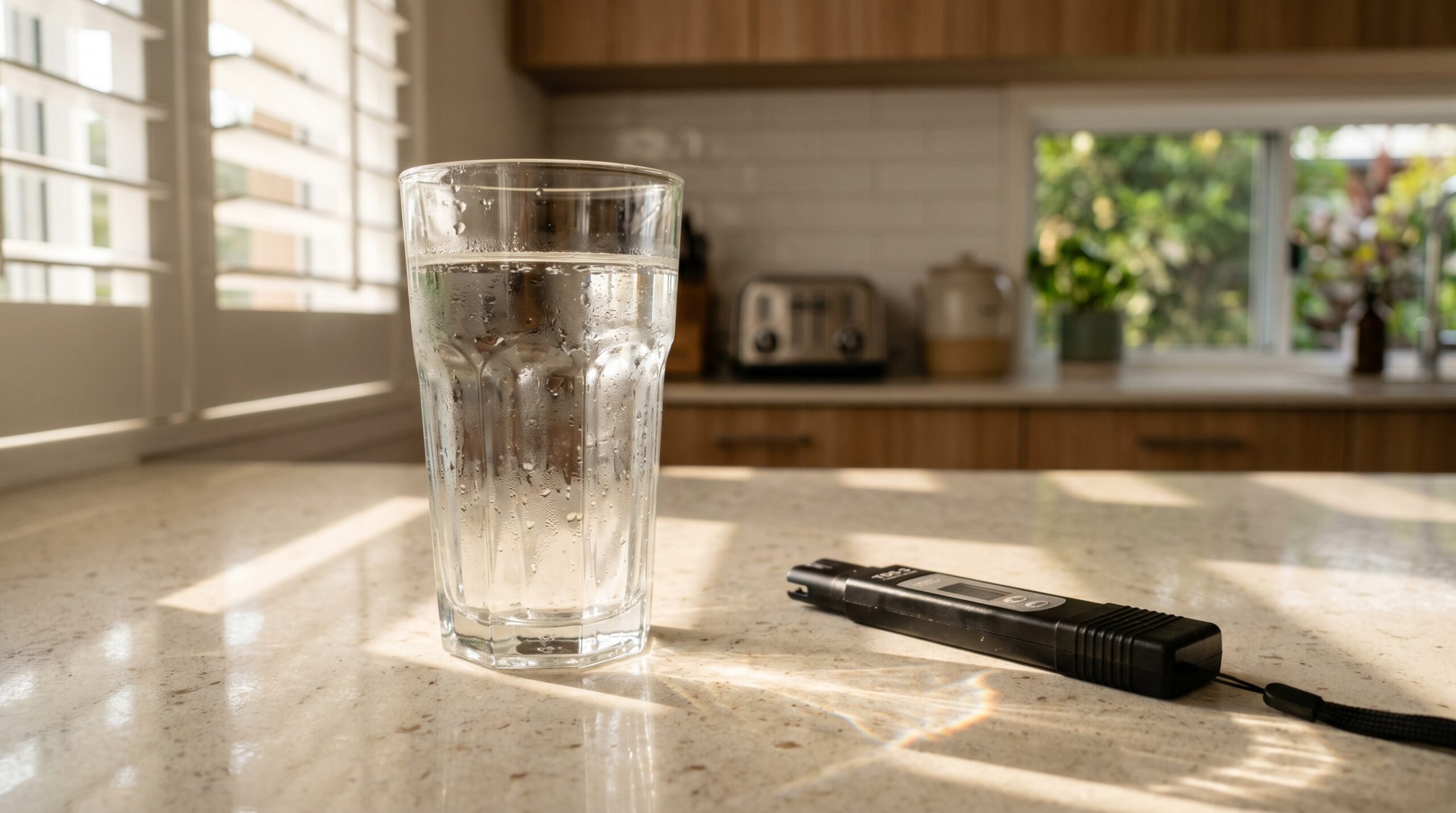 Glass of Brisbane tap water beside TDS meter on kitchen bench, coastal Queensland morning light