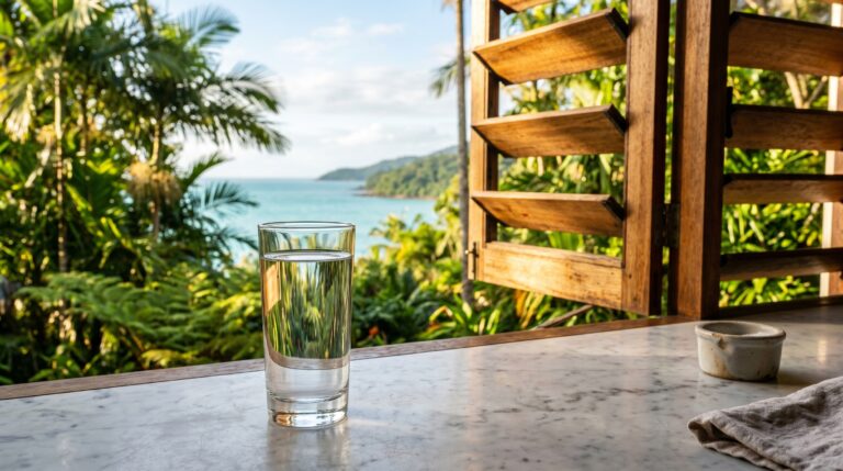 Crystal clear glass of water in Cairns Queensland tropical home, morning light