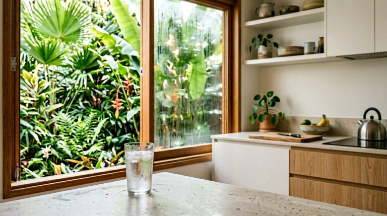 Glass of Darwin tap water on kitchen benchtop with tropical garden view