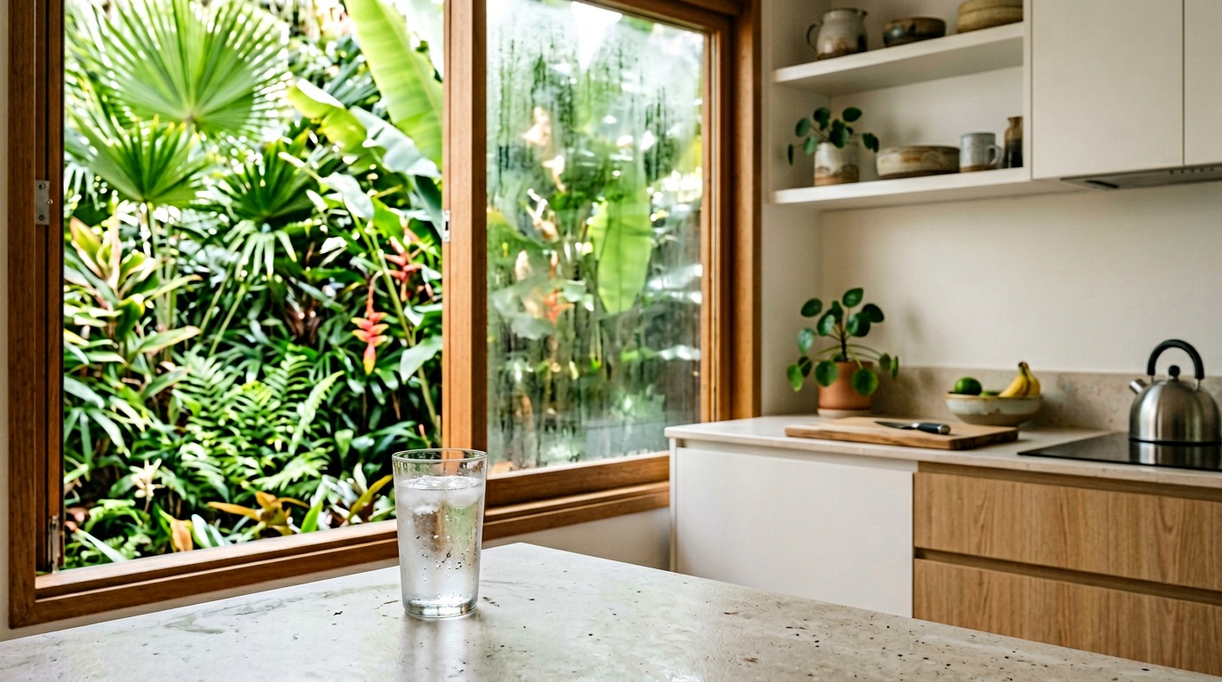 Glass of Darwin tap water on kitchen benchtop with tropical garden view