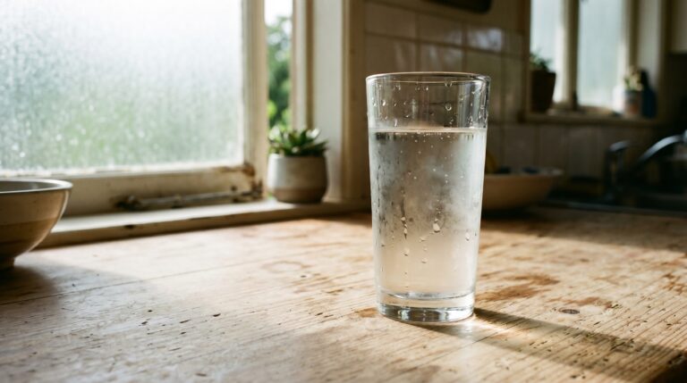 Glass of mineralised alkaline water on timber bench, coastal Queensland kitchen morning light