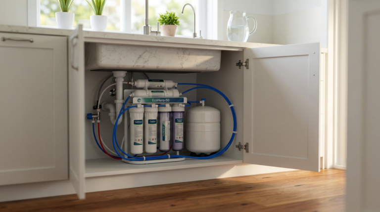 EcoHero-50 5-stage reverse osmosis system installed under kitchen sink in coastal Queensland home