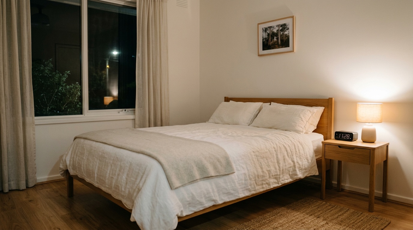 Clean minimalist Australian bedroom with no devices - EMF protection