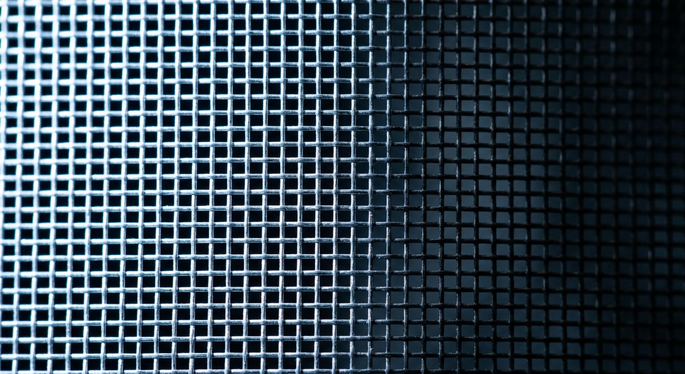 Extreme macro close-up of EMF shielding canopy fabric showing conductive silver mesh threads with split lighting demonstrating the Faraday cage RF blocking principle
