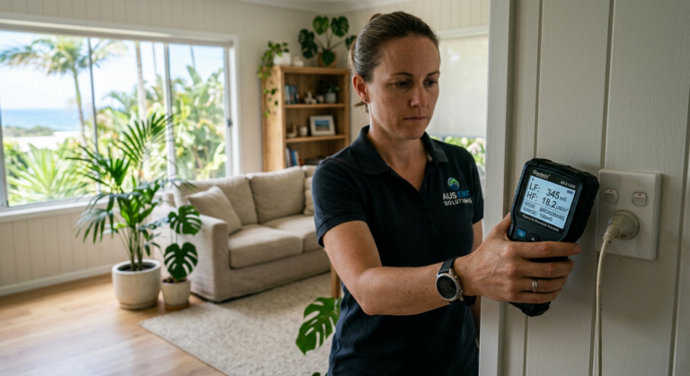 EMF meter measuring RF levels in an Australian home bedroom