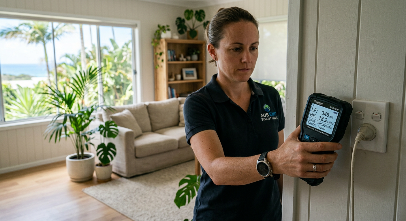 EMF meter measuring RF levels in an Australian home bedroom