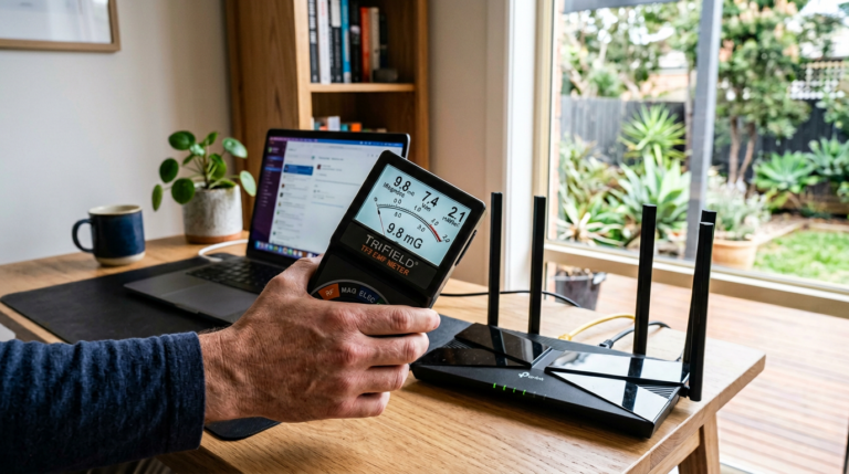 TriField TF2 EMF meter measuring Wi-Fi router RF levels in Australian home -- complete EMF guide for Australian households
