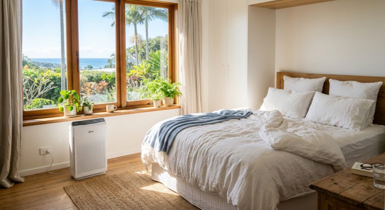 White air purifier in a sunlit Australian bedroom with morning light and timber floors -- air purifier finder quiz for Australian homes