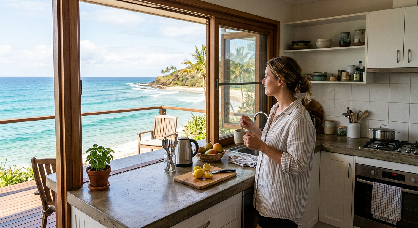 Crystal-clear water on a kitchen bench in a coastal Queensland home -- water filter finder quiz for Australian homes
