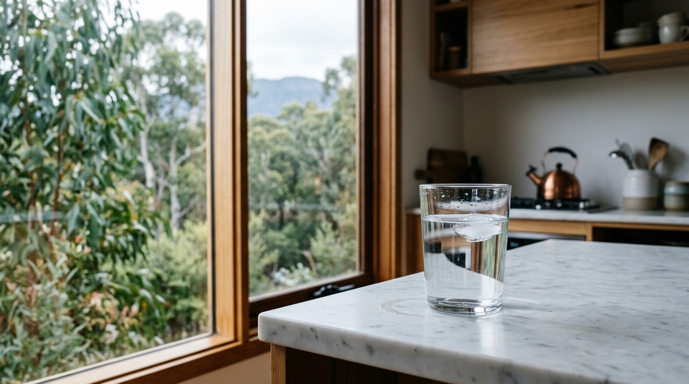 Crystal-clear glass of Hobart tap water on kitchen benchtop with Tasmanian wilderness view