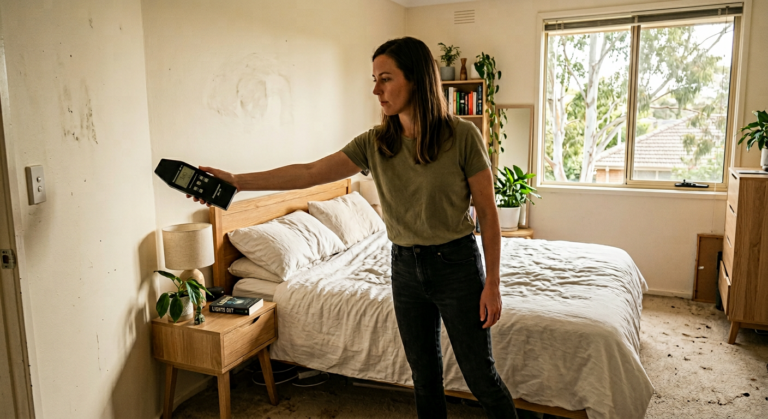 Person measuring EMF levels in Australian bedroom with handheld meter