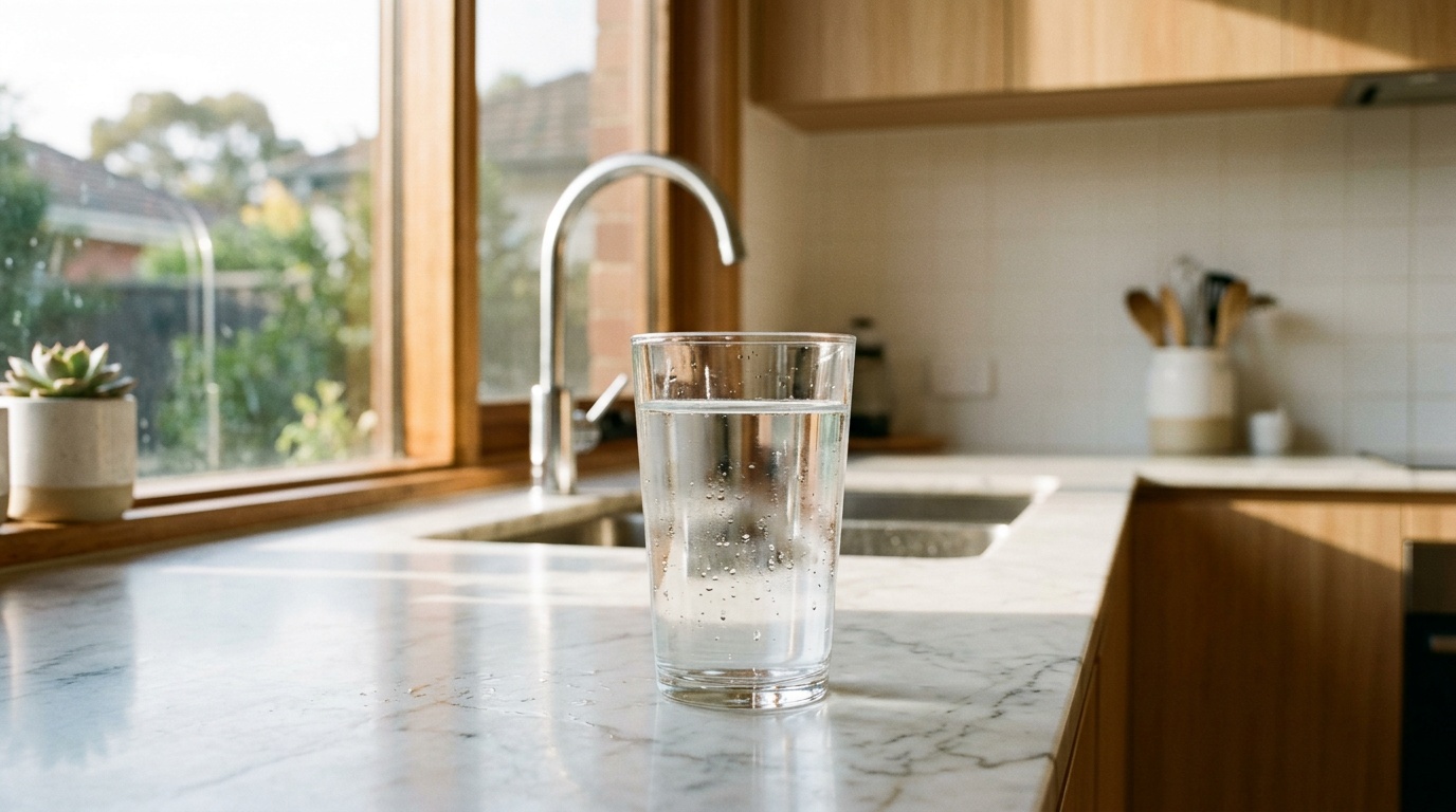 Glass of clear Melbourne tap water on kitchen benchtop with morning sunlight