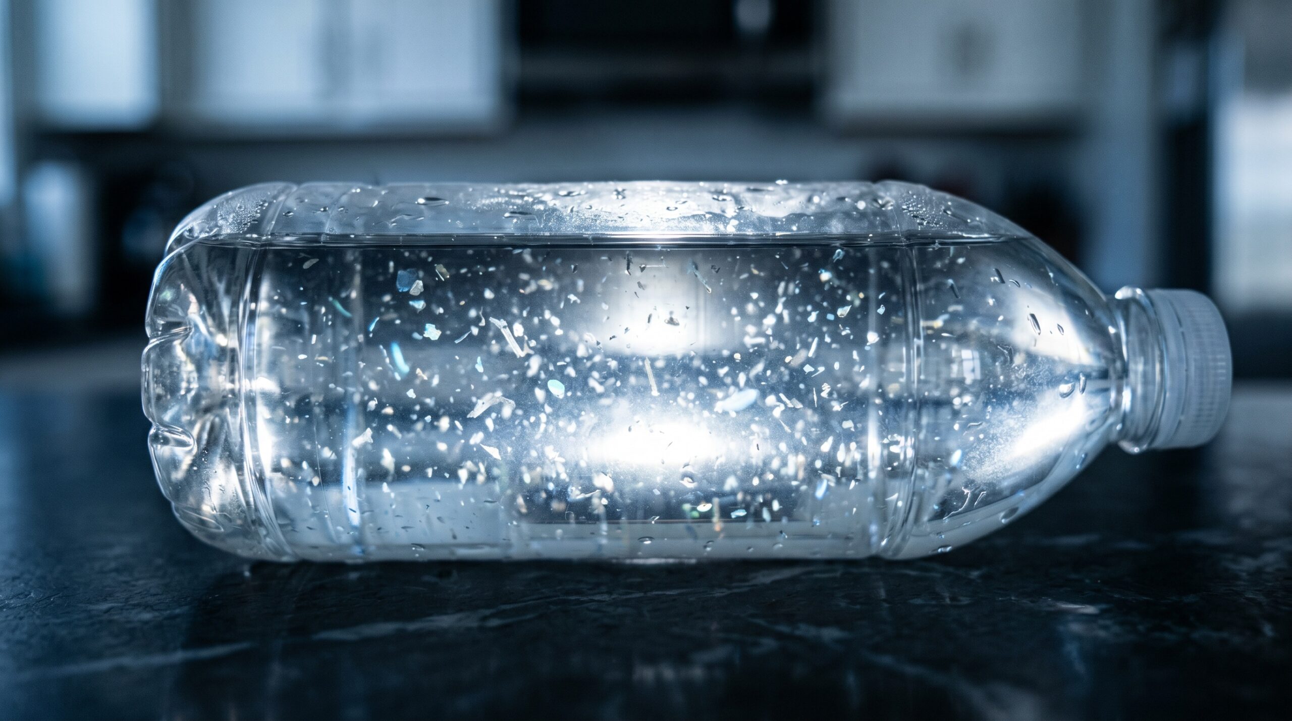 Microplastic particles visible inside a plastic PET water bottle under backlighting — Australia 2026