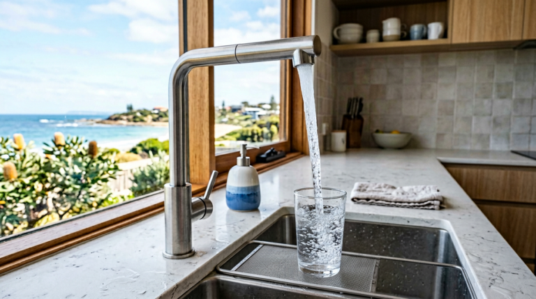 Crystal-clear filtered water from a tap in a coastal NSW home -- Newcastle tap water quality from Hunter Water