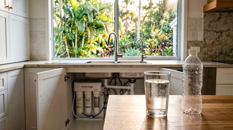 Waterdrop D6 under-sink reverse osmosis filter installed in Australian kitchen with crystal clear filtered water in glass, Palm Beach QLD
