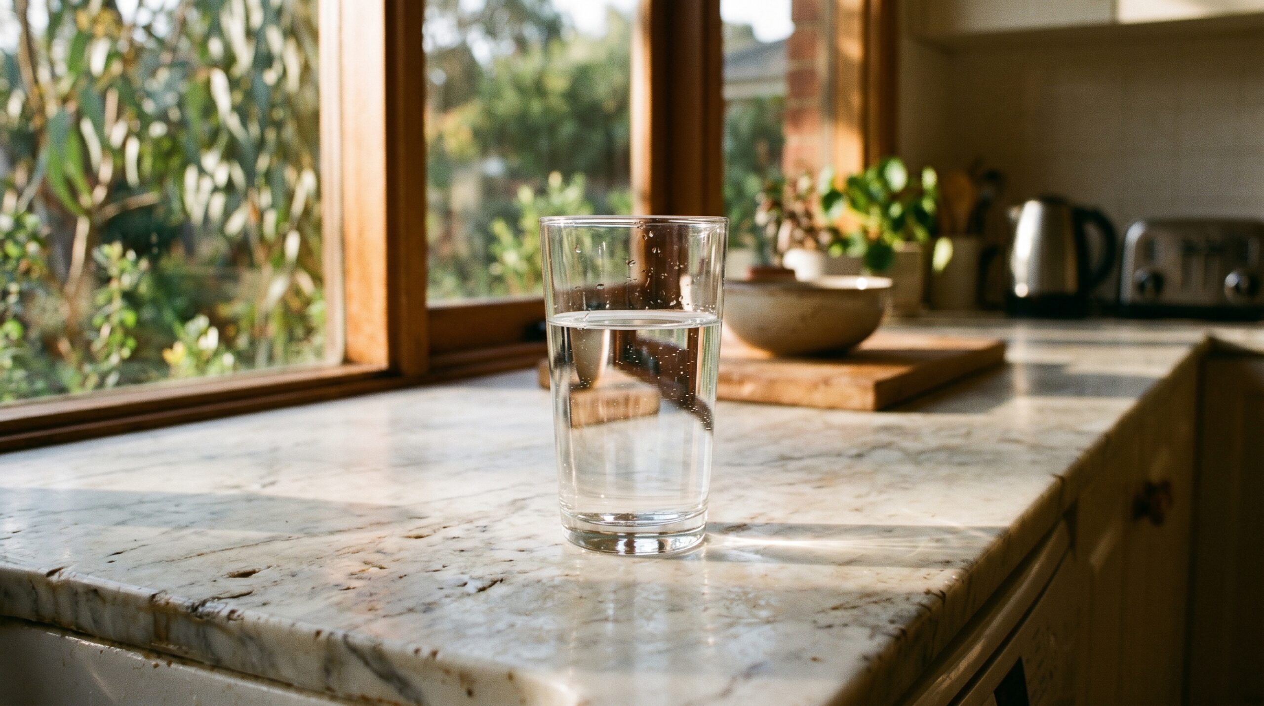 Glass of pure water on bench, Australian home, PFAS water filtration