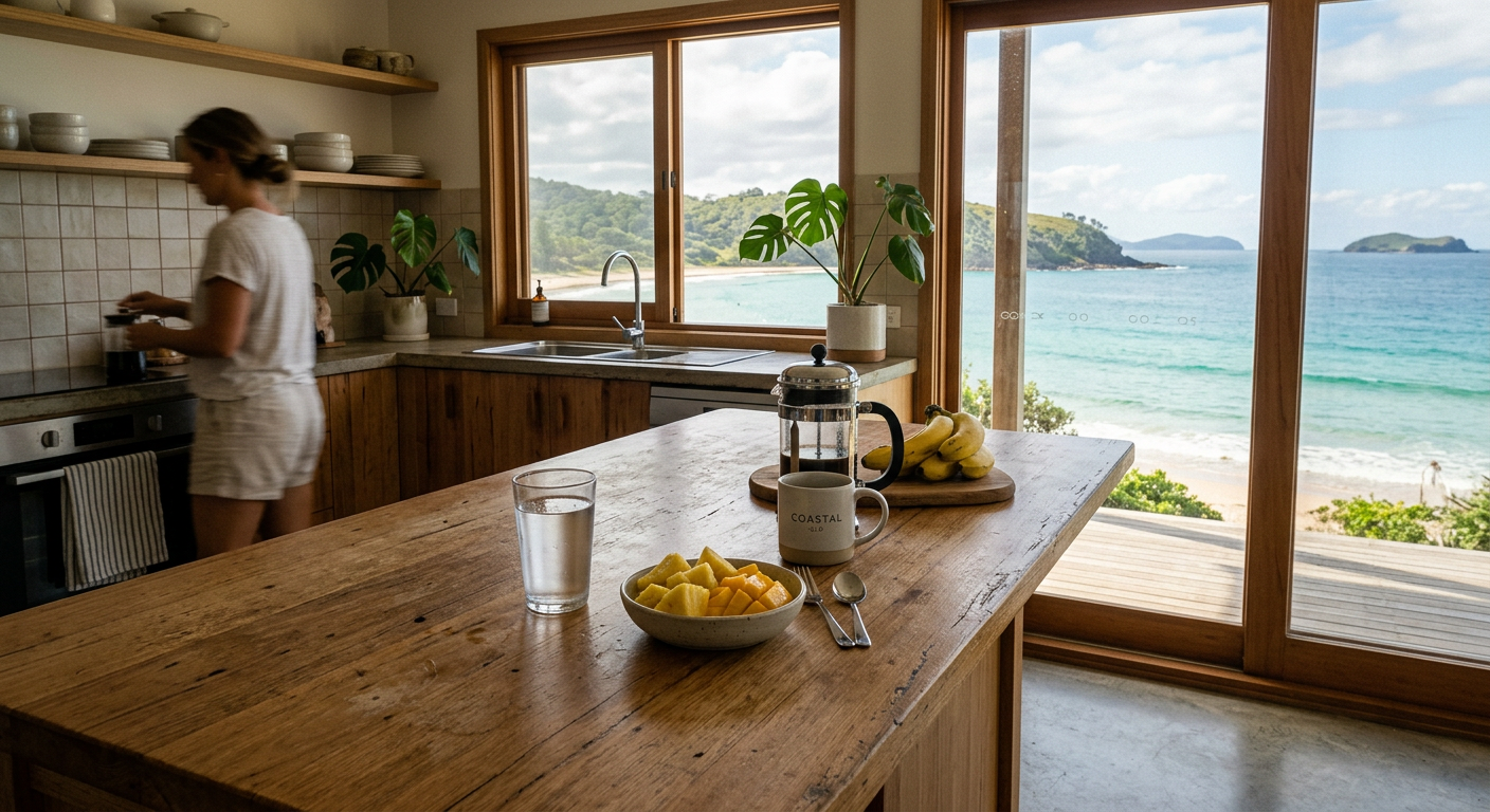 Crystal-clear water on a kitchen bench in a coastal Queensland home -- PFAS removal from drinking water