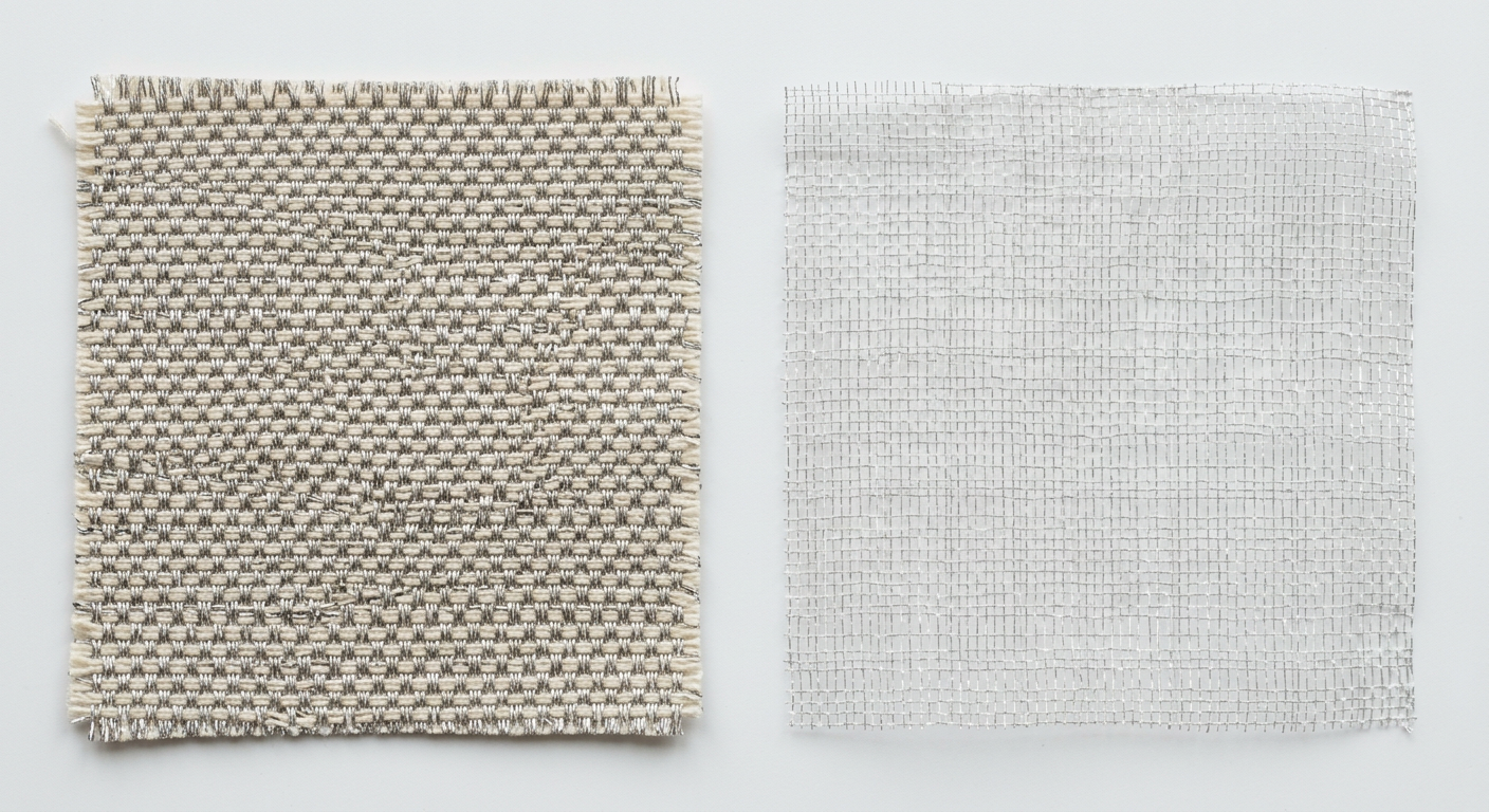 Side-by-side comparison of silver-cotton blend fabric (left, denser weave) and Swiss Shield mesh fabric (right, lighter and more translucent) used in EMF shielding bed canopies
