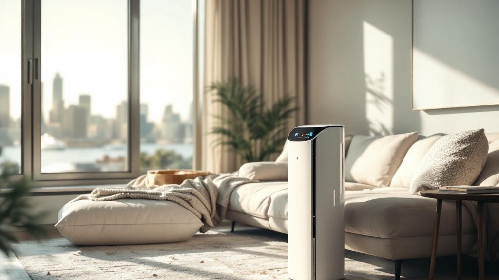 Air purifier in a sunlit Sydney apartment with harbour view, morning light, clean modern interior
