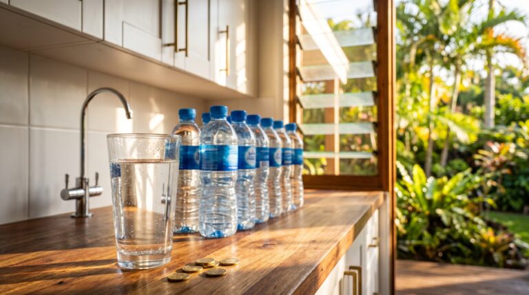 Crystal-clear glass of filtered water next to plastic water bottles with Australian coins on a Queensland kitchen bench — cost comparison