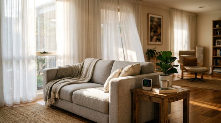 Sunlit Australian living room with air quality monitor showing VOC concern from new furniture
