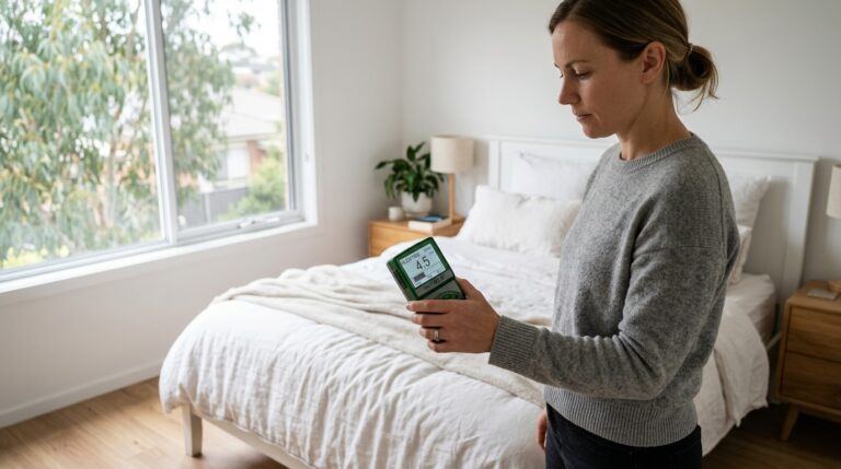 Person using EMF meter in bedroom to measure electromagnetic field levels